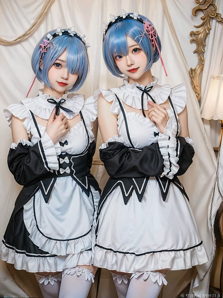 (8K, Photorealistic, Raw photo, of the highest quality: 1.3), (1girl in), Super beautiful, (Realistic face), (boyish, Silver Color Berry Shorthair), Beautiful , Glare that captivates the viewer, Beautiful expression, Beautiful breasts, (Realistic skin), Be...Create a detailed and colorful image of Ram and Rem from Re:Zero, standing back-to-back in their maid outfits, with a magical fantasy background、14years old, two girls,sisters,cute, perfect face, beautiful,gothic ****ta clothes, gothic ****ta fashion, frilly skirt, headdress, necklace, bracelet, knee-high socks, boots, double eyelids, tear bags, Detailed down to the fingers, photo-like description, indoors, dim indoor lighting, one girl is pink hair and short bob, another girl is light blue hair and short bob,standing, whole body, composition that shows the whole body, smiling,The Both of them are wearing the same type of maid outfit,Put her hands behind her back