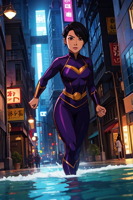 Female Asian, 20s, short black hair, purple and grey superhero costume, water power, located in city street.