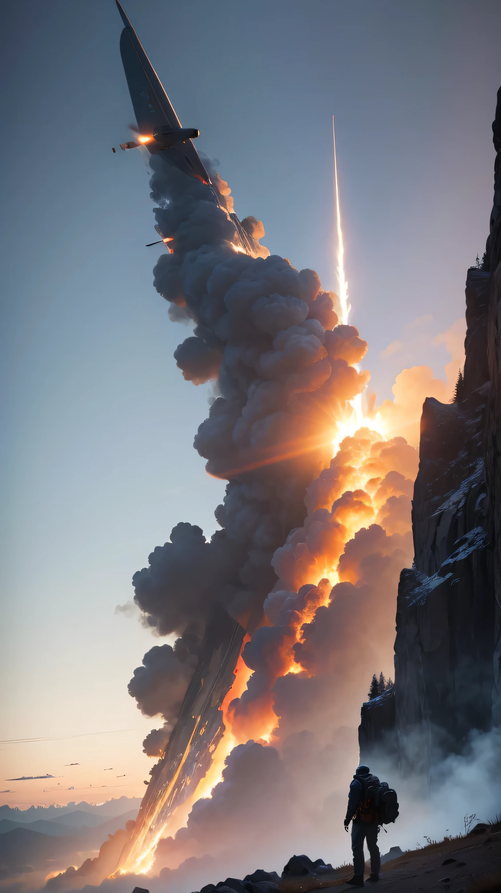 the plane crashed into a mountain, the plane was destroyed, burned, 8k, high quality