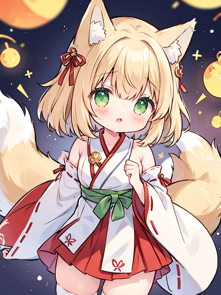 girl、short、Cropped bangs、fox ears、fox tail、Miko costume、green eyes、topless、nipple、nsfw