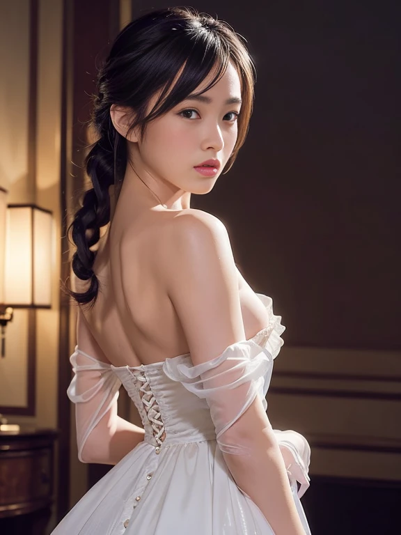 best quality, masterpiece, (photorealistic:1.4), 1girl, cowboy shot, luxury elegant bare shoulder  dress, dramatic lighting, hair over shoulders, white gloves, , luxury hall background, night, asian face, braid hair, small breasts