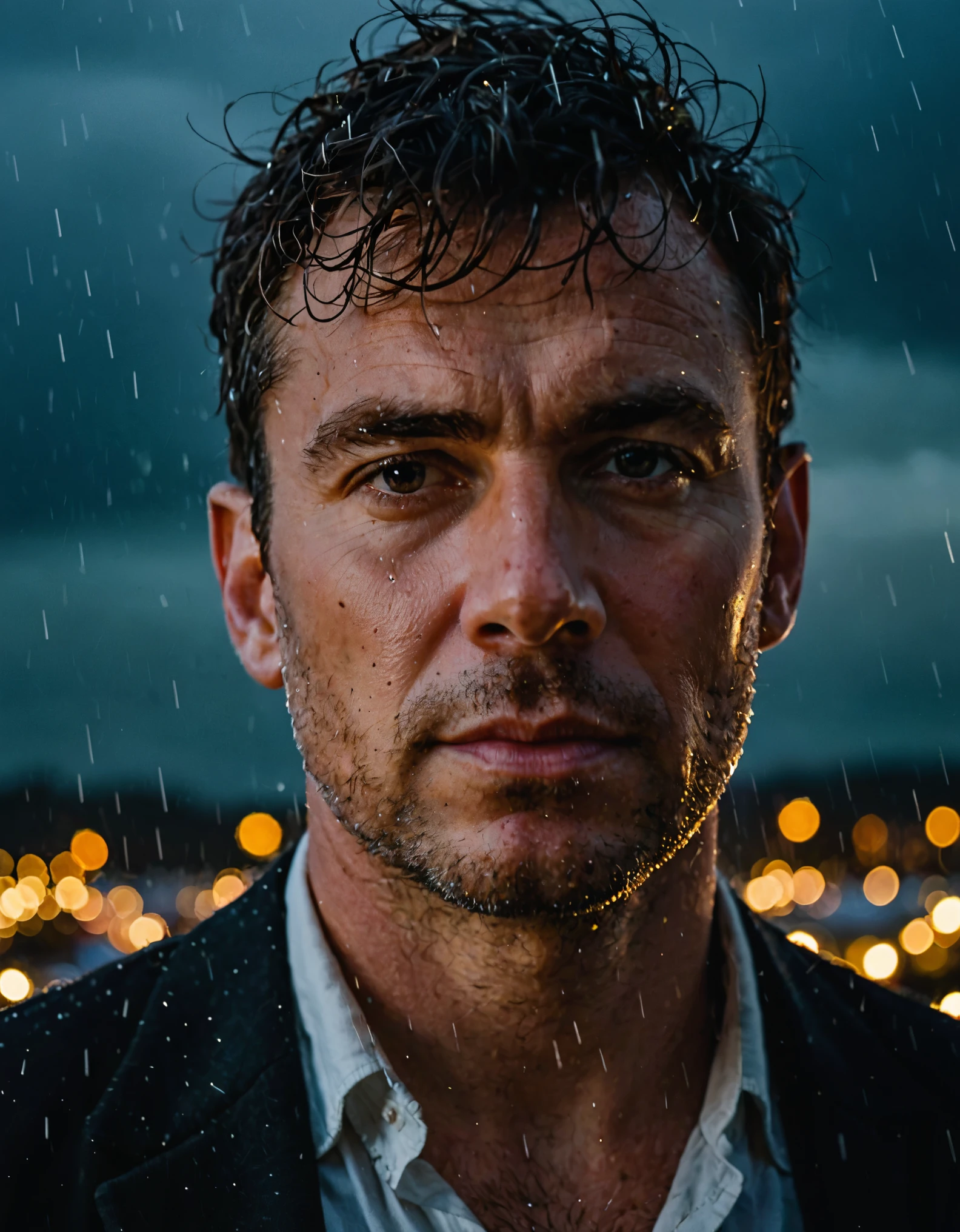 fairy lights, Close-up portrait of a man, tense expression, stormy weather backdrop, dramatic lighting, reminiscent of Ansel Adams' work