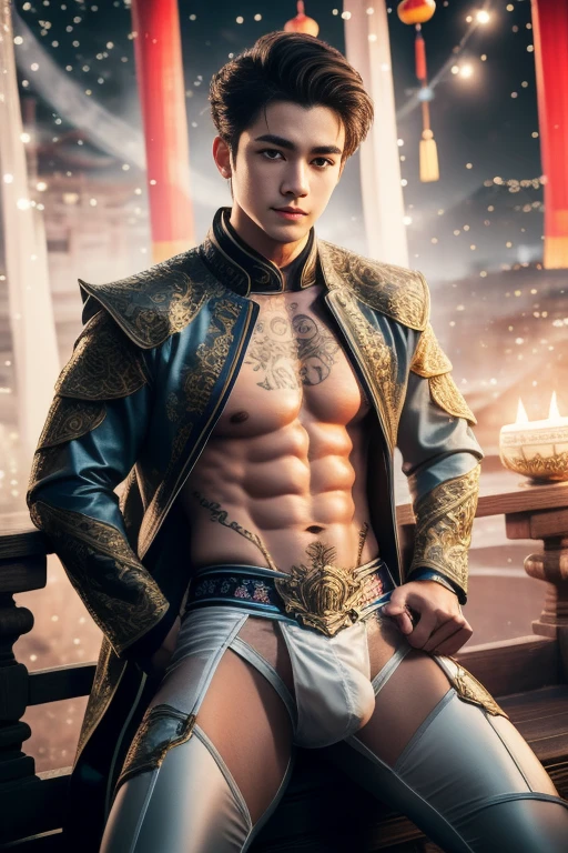 Handsome young man, 25 years old, Asia, Master's work, Best picture quality, higher quality, Highly detailed, Ultra high resolution, 8k resolution, delicate facial features, boy, Big muscles, tattoo, glowing eyes, short hair, hair details, [[Turn away, look to the side, Focus on homosexuality and pay attention to every detail. , Open Hanfu Sheer Gauze Jacket, White compression pants, nighttime, starry sky, flying flowers. waterfall, mountain, dragon circle, Chinese patio background (((((Convex crotch)))))
