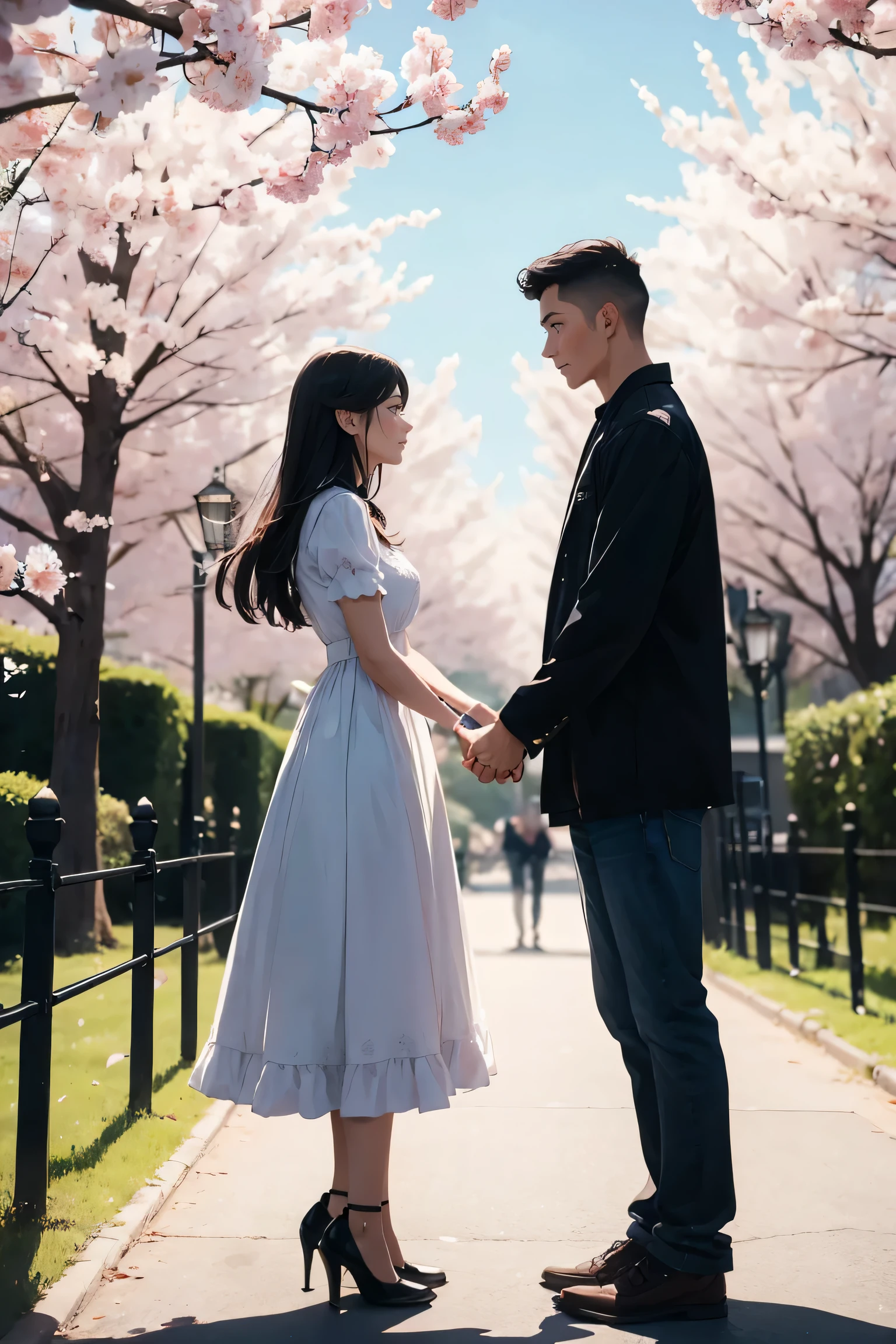 couple in love, standing from afar, reach out to each other, woman and man, height difference, beautiful photos, bright colors, disapproval, spring, 