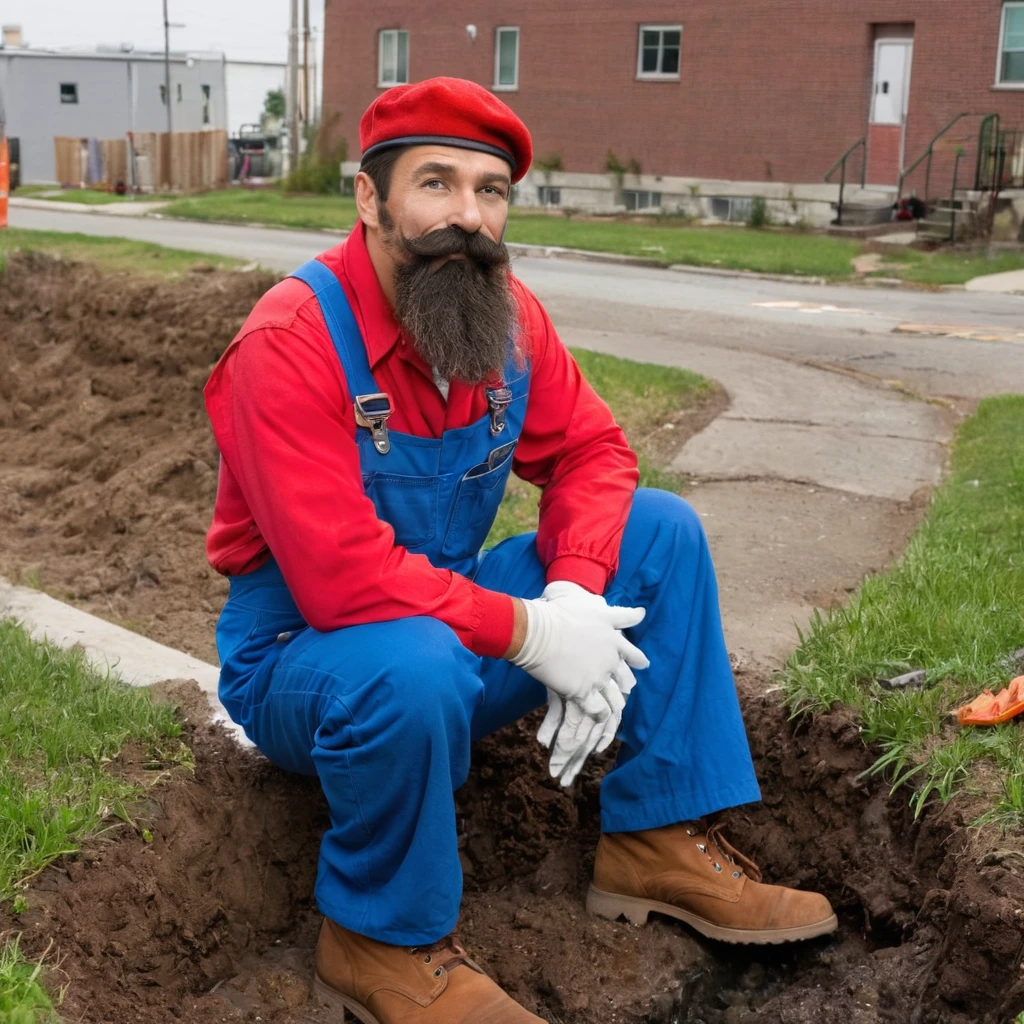 (a man,a middle-aged man,uncle),(red hat:1.1,red cap,red beret),(red clothes:red overalls,red jumpsuit:red suit,red outfit:red shirt,red coat,red dress),(blue overalls:1.1,blue jumpsuit:1.1,blue outfit:1.1,blue uniform:1.1,blue clothes:1.1,blue apparel:1.1),(brown shoes:brown boots:brown footwear,brown sneakers:brown trainers),(big round nose,huge rounded nose),(big bushy mustache,big mustache:1.1,huge mustache:giant mustache,large mustache:1.1,big facial hair:1.1,huge beard,bushy beard),(white gloves:1.1),(green sewer pipe:1.1,green drainpipe:1.1,green construction pipe:1.1,green tube:green pipe:1.1,green drainage,green pipeline,green sewer),(vibrant colors,rich colors,bold colors,eye-catching colors),(natural lighting,sunlight,daytime lighting)