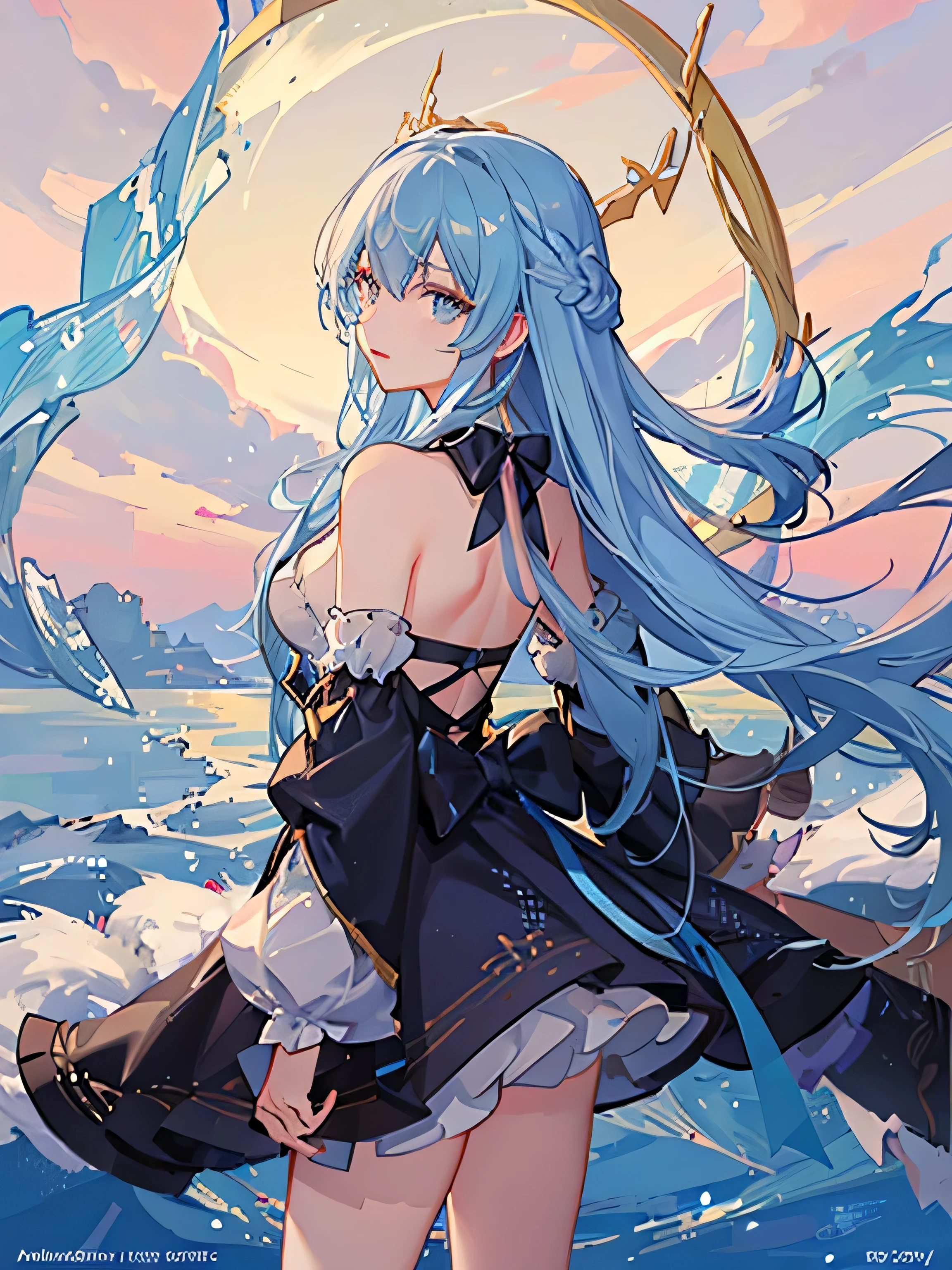 Master piece, 8k, ultra detailed, blue dress, girl, long light blue hair, navy color eyes, smiley face, full body frame, ocean wave background