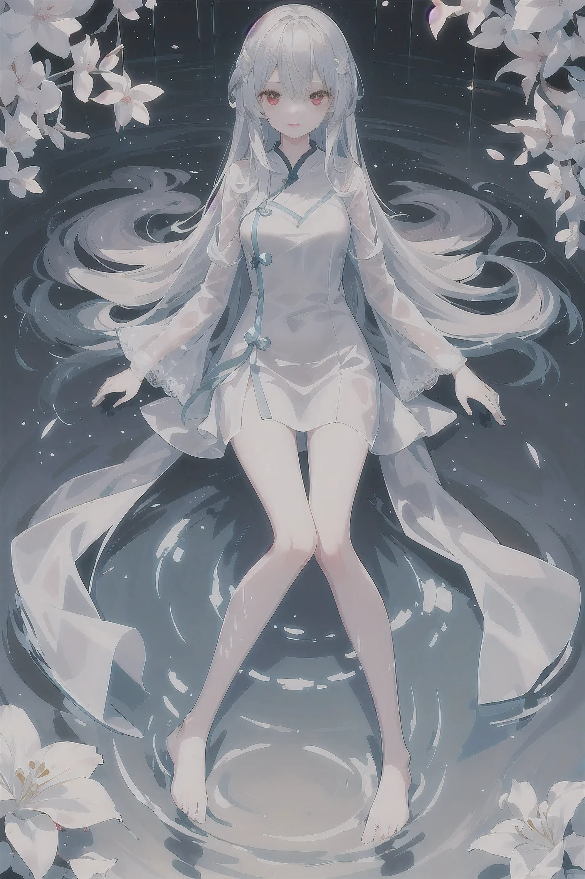 Dreamy and beautiful moonlight in the dark forest。View of a 15-year-old girl from above。(wet silver hair and red eyes)。smile slightly。She wore only a long sheer white cloth with beautiful sheer lace trim。Soak the cloth in water。(splash,Dark forest lake at night。(Hair or clothes are wet)。splash。Wet strands of hair。dripping water drops。Fantasy fireflies float in the air、Light also reflects from water。near method and far method。glitter effects。Dynamic composition with depth。extremely high quality、High level of image quality、extremely delicate。Rare workmanship,round,Room, firm breasts,No underwear),barefoot,float,water surface,(long legs,long legs,long legs,Gestalt),full-body shot。posture lying,Looking charming