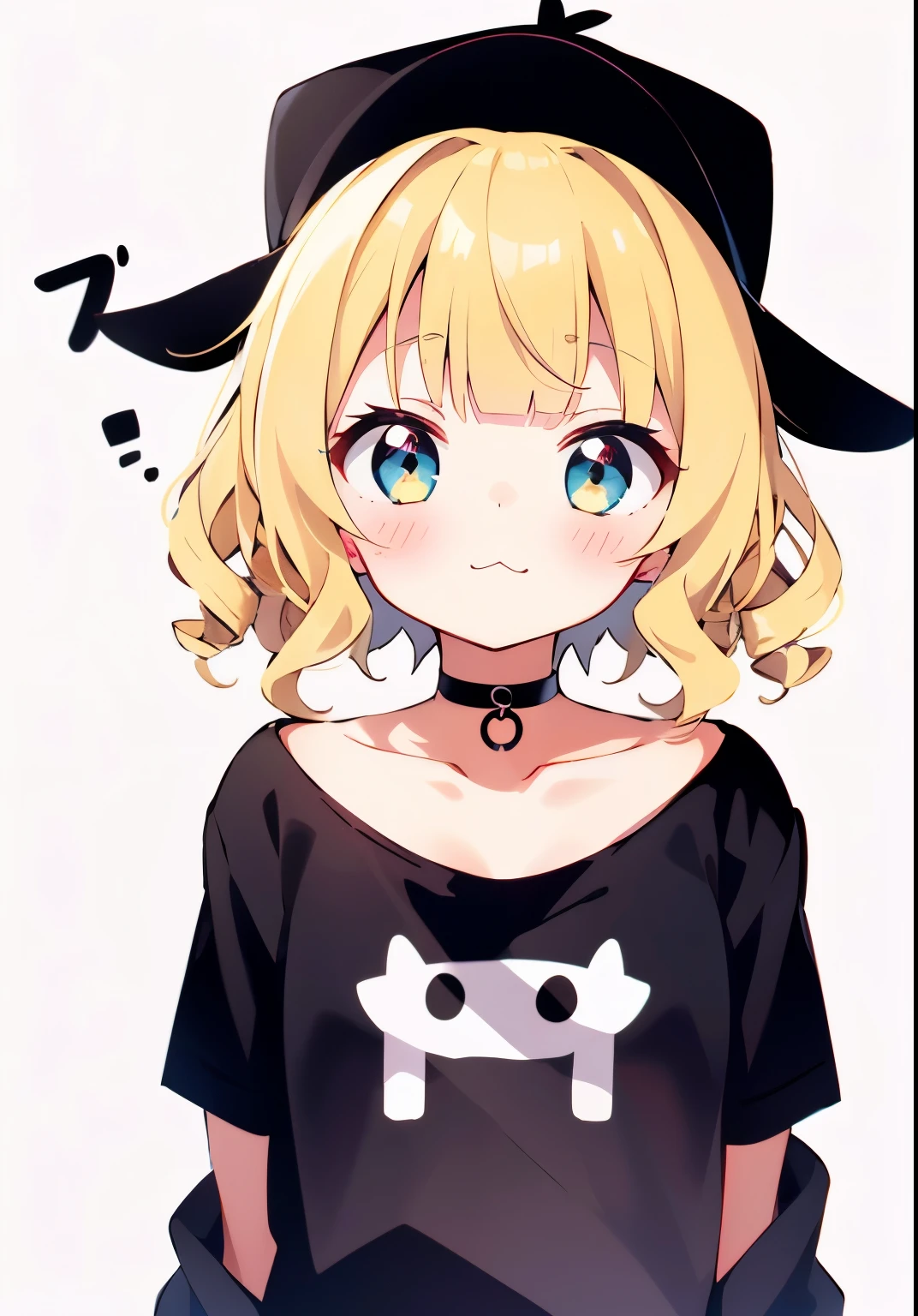 (solo:1.2),cute girl,(blonde short hair), Drill hair in her left hair,(casual wavy hair:1.3), blunt bangs,blush,head tilt,:3,upper body,black cap,oversized black t-shirt,simple background,cowboy shot,shadow,choker,