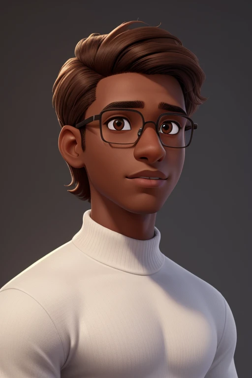 (best quality,4k,8k,highres,masterpiece:1.2),ultra-detailed,realistic,studious dark skinned young man with messy brown hair, handsome face, square face shape, brown hair and eyes, wearing a white turtleneck, thin-framed round glasses.