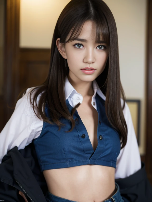 Best Quality, Masterpiece, Ultra High Resolution, (Realistic: 1.6), Original Photo, Realistic, High Resolution, 1 Girl, Small breasts, Brown Hair, Asian, Blue Eyes, open Shirt, Tight Black Shorts