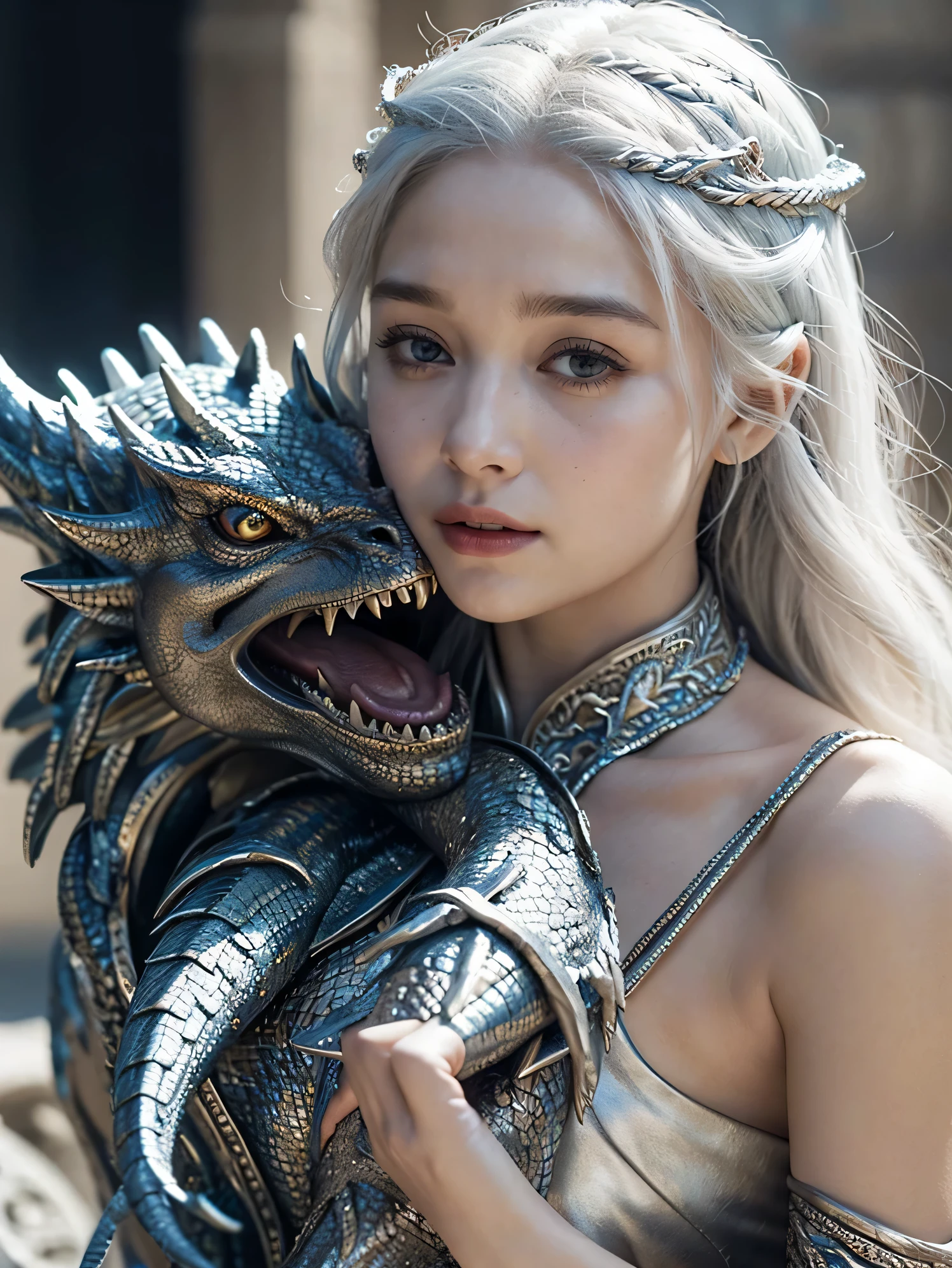Close-up of a woman holding a dragon statue in her hands, Game of Thrones, Daenerys Targaryen, silver hair,