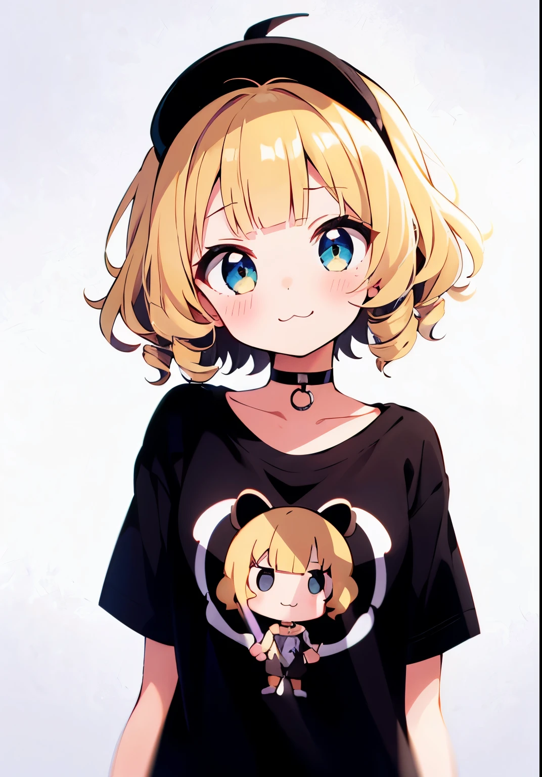 (solo:1.2),cute girl,(blonde short hair), Drill hair in her left hair,(casual wavy hair:1.3), blunt bangs,blush,head tilt,:3,upper body,black cap,oversized black t-shirt,simple background,cowboy shot,shadow,choker,