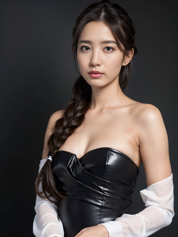 best quality, masterpiece, (photorealistic:1.4), 1girl, cowboy shot, luxury elegant bare shoulder  dress, dramatic lighting, hair over shoulders, white gloves, , luxury hall background, night, asian face, braid hair, small breasts