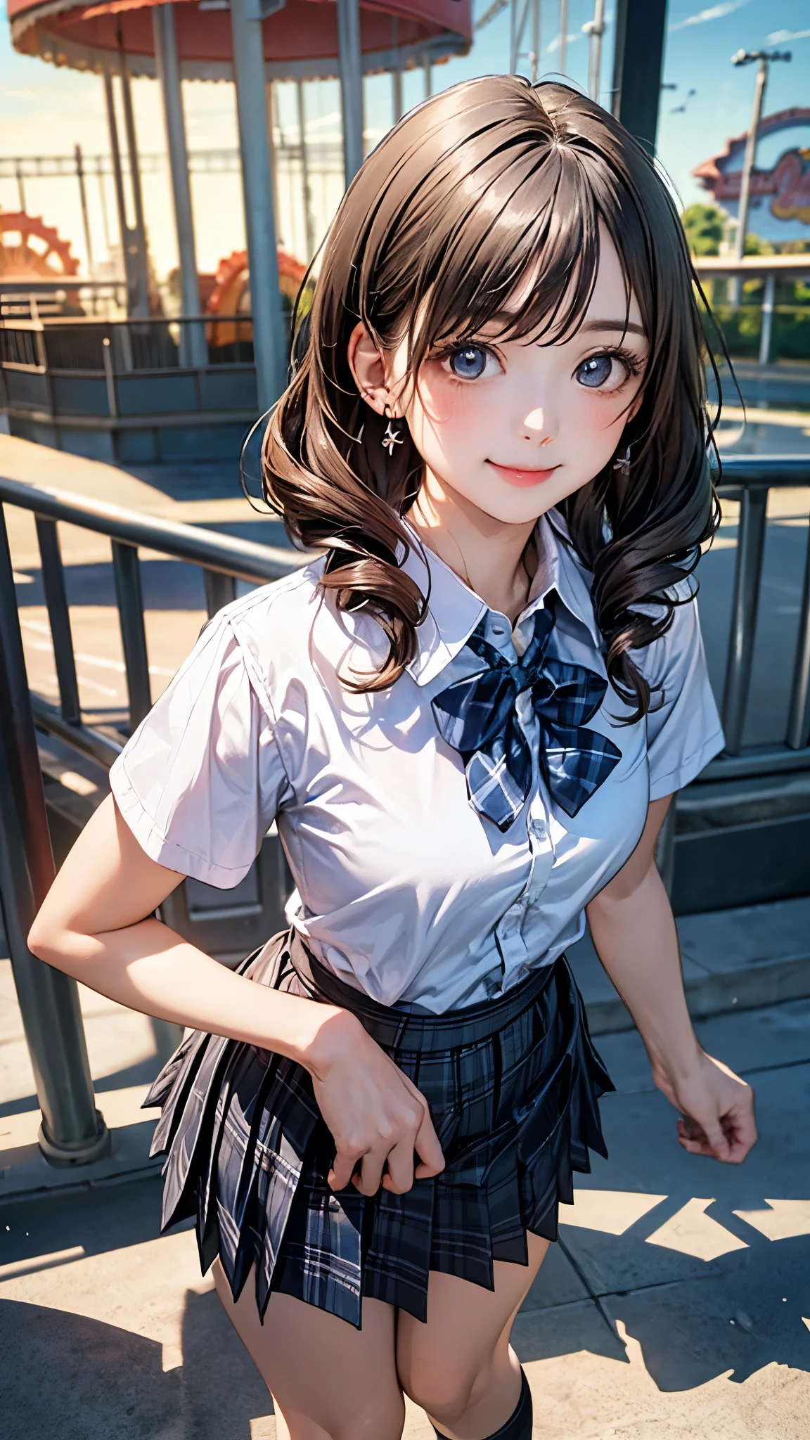 (masterpiece:1.2, top-quality), (realistic, photorealistic:1.4), beautiful illustration, (natural side lighting, movie lighting), 
looking at viewer, full body, front view:0.6, 1 girl, japanese, high school girl, perfect face, cute and symmetrical face, , shiny skin, 
(middle hair:1.2, twin drills:1.2, dark brown hair), crossed bangs, blue eyes, long eye lasher, (middle breasts), 
beautiful hair, beautiful face, beautiful detailed eyes, beautiful clavicle, beautiful body, beautiful chest, beautiful thigh, beautiful legs, beautiful fingers, 
((short sleeve white collared shirt, blue plaid pleated skirt, blue bow tie, black hair ribbon), wrist chouchou), 
(beautiful scenery), amusement park, ferris wheel, (standing, skirt hold), (lovely smile, upper eyes), 