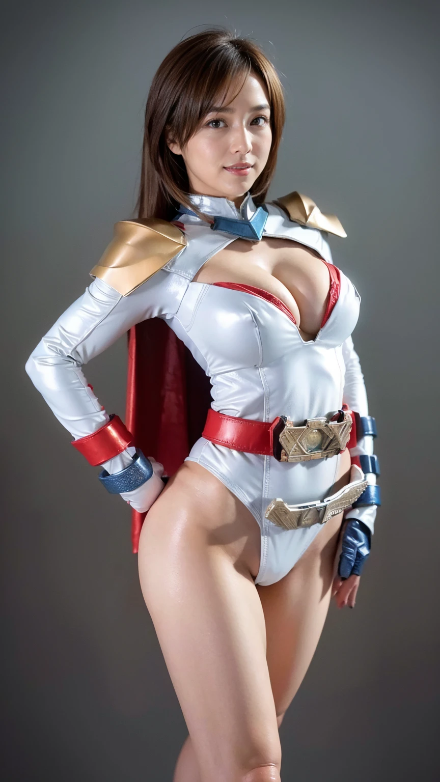 A woman wearing a Power Girl style Kamen Rider Majed costume、26 years old、Beautiful bare legs、brown hair、Outside honey medium bob hair、High resolution、8K、dull smile、erotic、beautiful feet、White Micro Bikini Armor、shoulder metal armor、blue metal boots、red cloak、blue gloves、T-back、Wedgie、Mansuji、 Movie-like goddess body shot,unreal engine characters、standing posture、Transformation Belt Alchemis Driver
