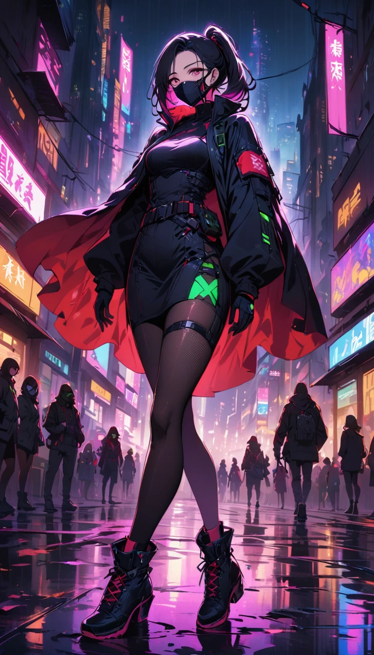 Cyberpunk female ninja,(face mask),Stylish details clothing,beautiful detailed face,(Night vision control glasses),stylish shoes,Neon-lit cityscape,futuristic gadgets,Stylish cybernetic enhancements,(A high-tech knife hanging from the belt),Black leather tights,Hooded tactical cape,Shadows and reflections,There are tall high-rise buildings,Heavy rain and steamy alley,medium:cartoon,studio lighting,Vibrant colors,Defocused