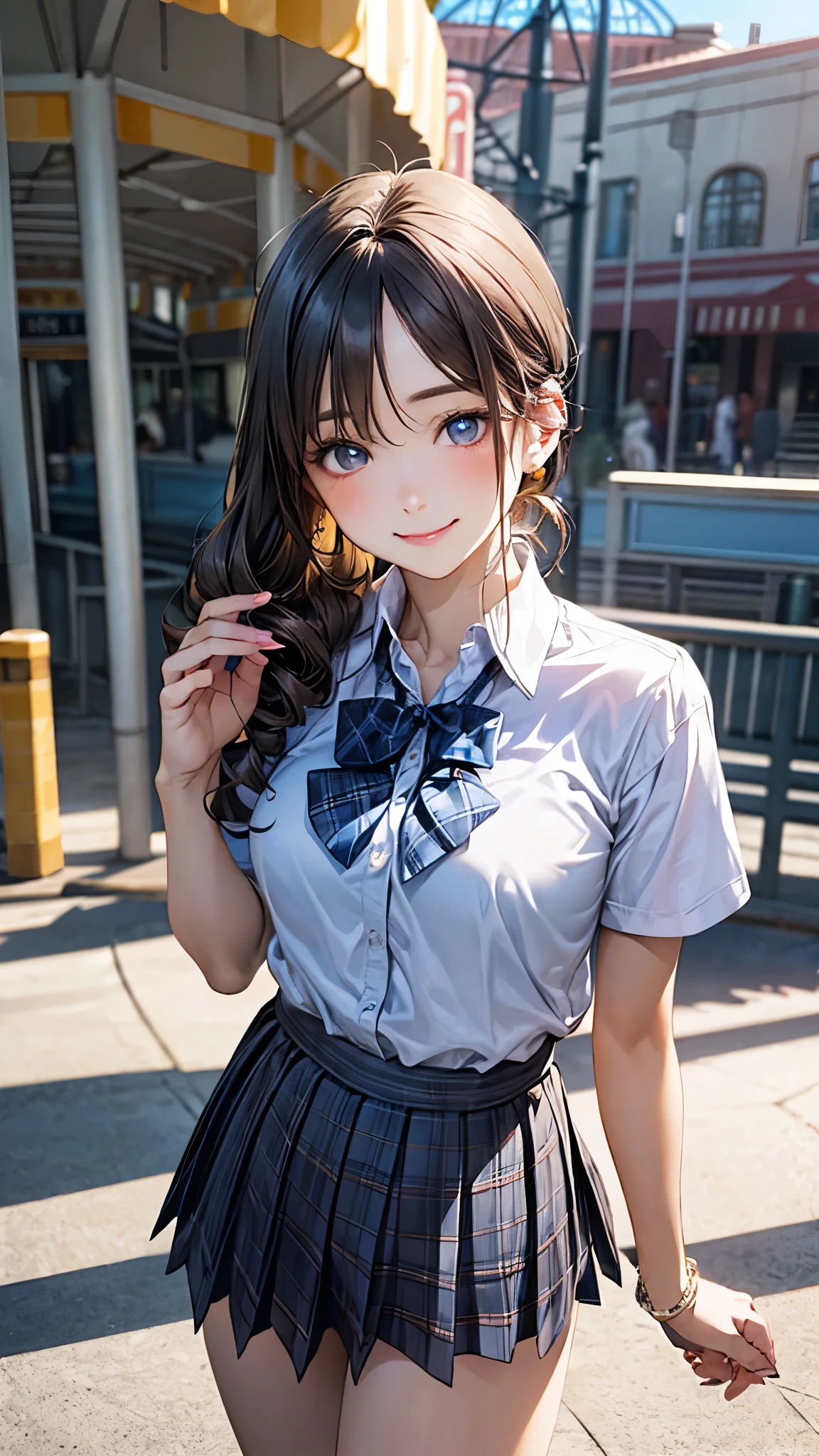 (masterpiece:1.2, top-quality), (realistic, photorealistic:1.4), beautiful illustration, (natural side lighting, movie lighting), 
looking at viewer, full body, front view:0.6, 1 girl, japanese, high school girl, perfect face, cute and symmetrical face, , shiny skin, 
(middle hair:1.2, twin drills:1.2, dark brown hair), crossed bangs, blue eyes, long eye lasher, (middle breasts), 
beautiful hair, beautiful face, beautiful detailed eyes, beautiful clavicle, beautiful body, beautiful chest, beautiful thigh, beautiful legs, beautiful fingers, 
((short sleeve white collared shirt, blue plaid pleated skirt, blue bow tie, black hair ribbon), wrist chouchou), 
(beautiful scenery), amusement park, ferris wheel, (standing, skirt hold), (lovely smile, upper eyes), 