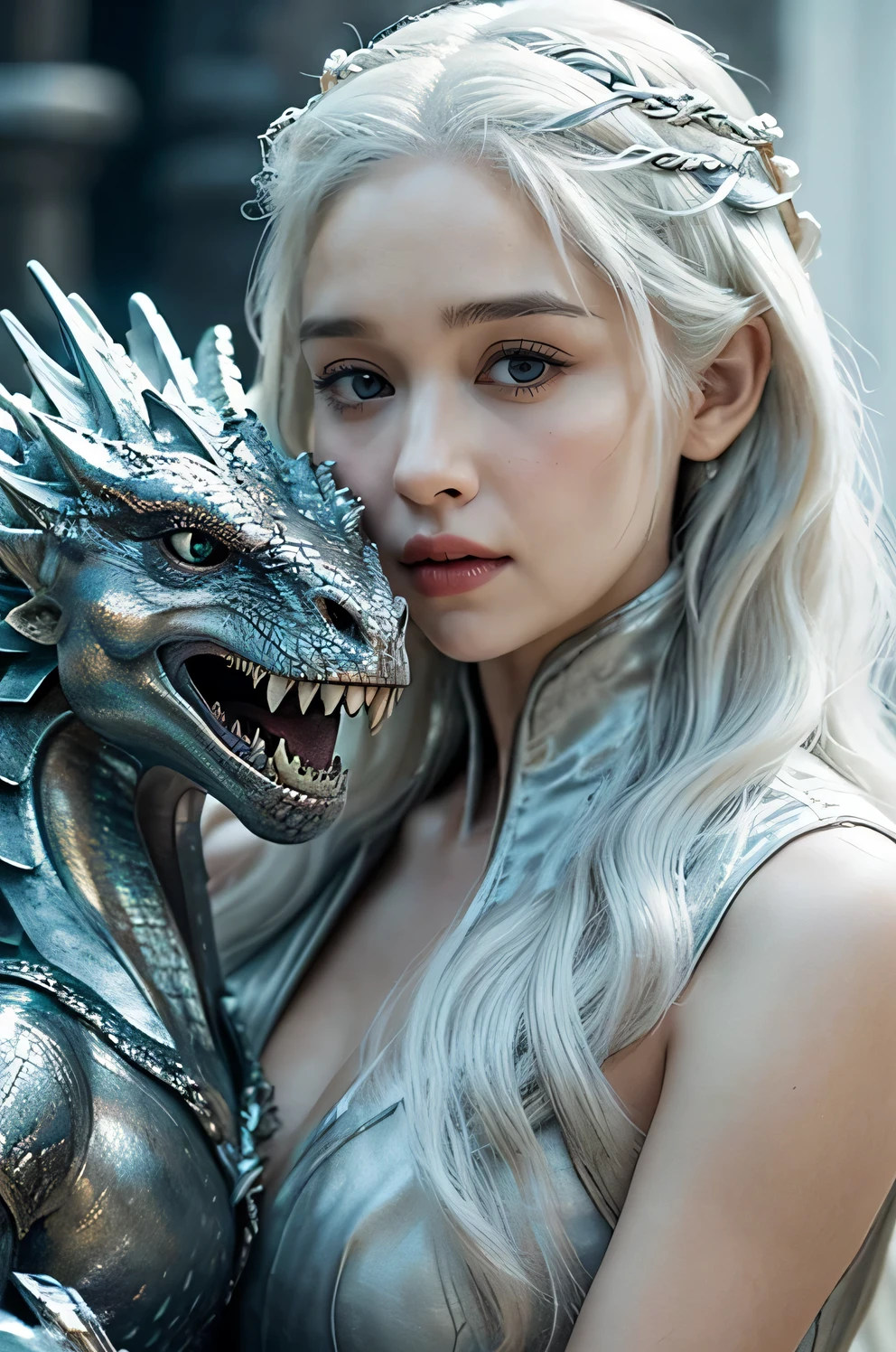 Close-up of a woman holding a dragon statue in her hands, Game of Thrones, Daenerys Targaryen, silver hair,