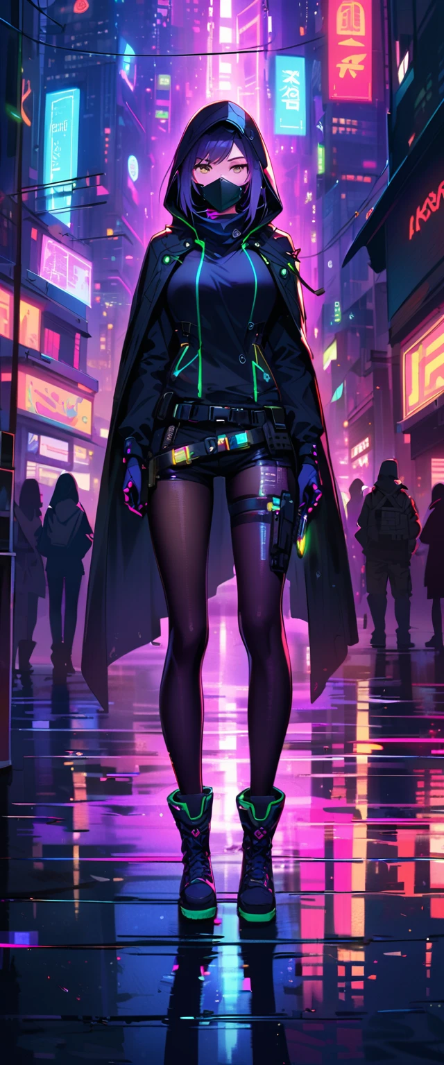 Cyberpunk female ninja，(face mask)，Stylish details clothing，beautiful detailed face，(Night vision control glasses)，stylish shoes，Neon-lit cityscape，futuristic gadgets，Stylish cybernetic enhancements，(A high-tech knife hanging from the belt)，Black leather tights，Hooded tactical cape，Shadows and reflections，There are tall high-rise buildings，Heavy rain and steamy alley，medium：cartoon，studio lighting，Vibrant colors，Defocused