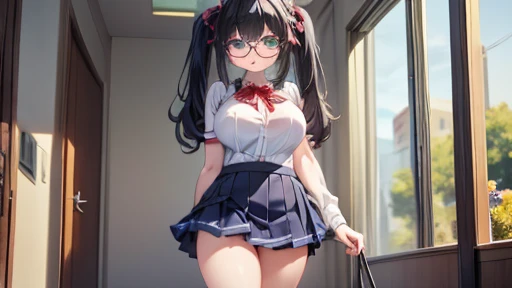 masterpiece,highest quality,wonderful,finely,High resolution,1 girl, big breasts,(frilled skirt:1.3), black hair, glasses, green eyes,twin tails,full body