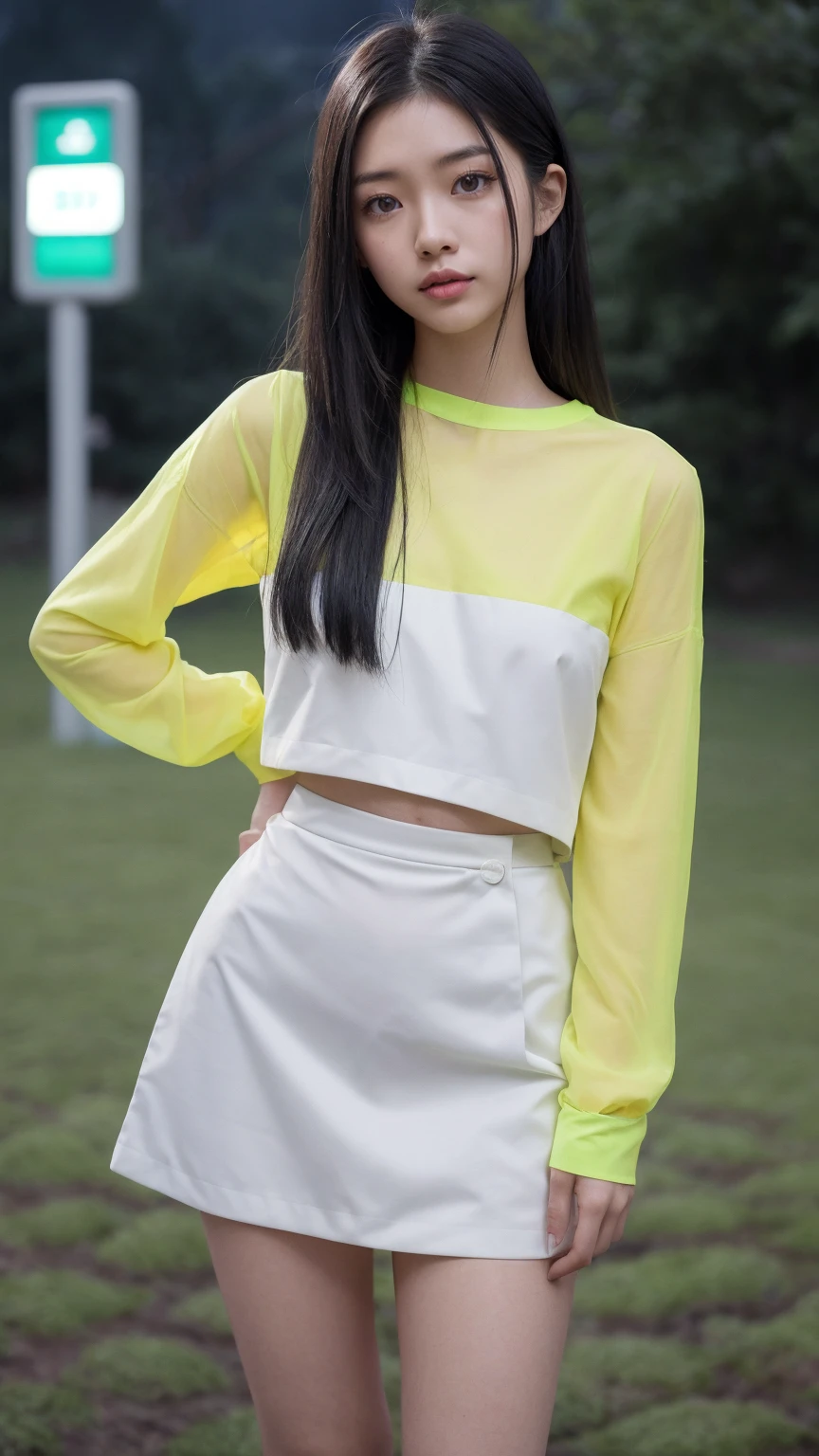Una chica asiatica,pelo largo,(mirando al espectador:1.2),by damp,micro_bermudas,(profundidad_de_campo:1.5),rainy days,changing lighting,Efecto Tyndall,cinematic lighting,noche,Poste de luz,destello de lente,yellow neon lights,con curvas