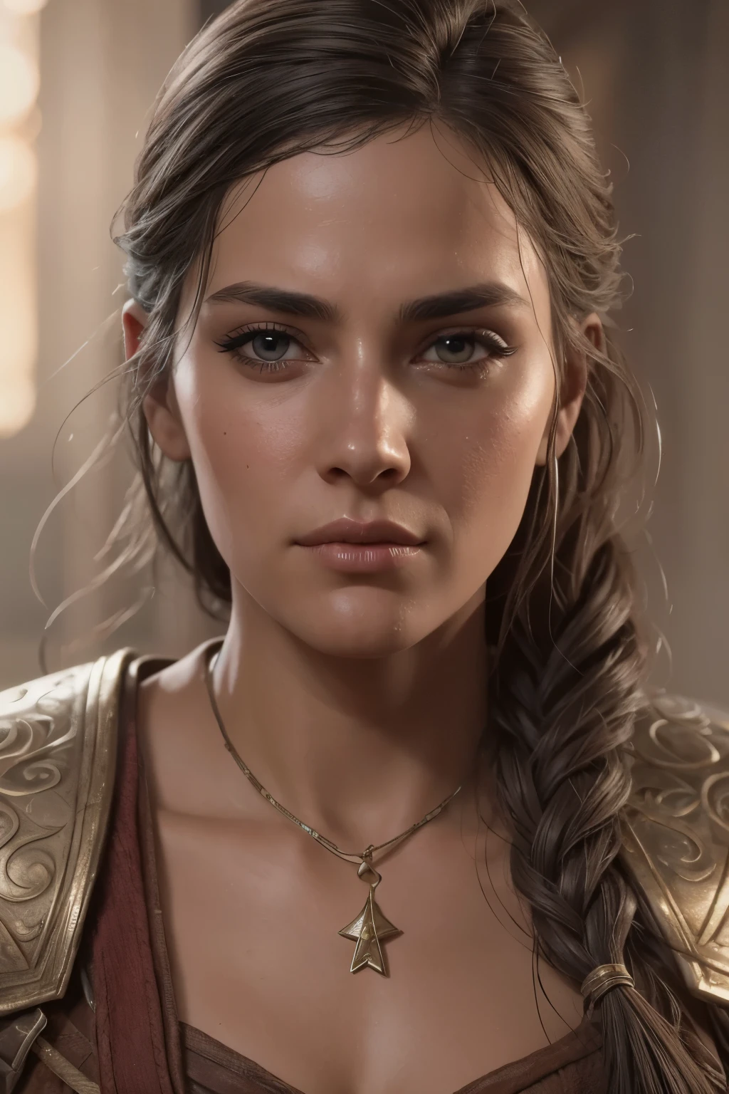 extremely detailed Kassandra Assassin's Creed Universe,Detailed Lips, Detailed Eyes, detailed eyelashes, detailed face, textured skin, super detail lighting, mid body shot, 