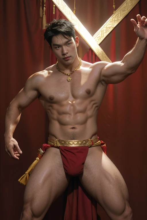 man,Asian Men,Handsome Thai man,A man wears a red loincloth,Red loincloth with Kanok pattern,wearing a gold belt,Wear a gold-colored Sangwan with a ruby pendant. ，Epic reality, epic photorealistic , ultra realism， full length shot (fls) , thick thighs