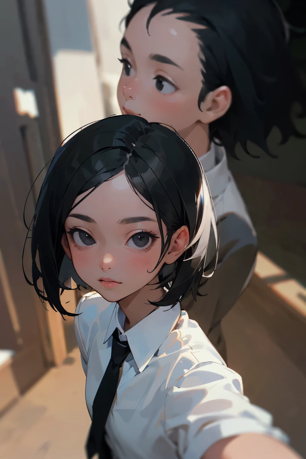 selfie, beautiful face, teen girl, small nose, short black hair, black eyes, bright skin, portrait picture with dark blurry background, wearing a plain black suit with a white shirt under, using a black tie