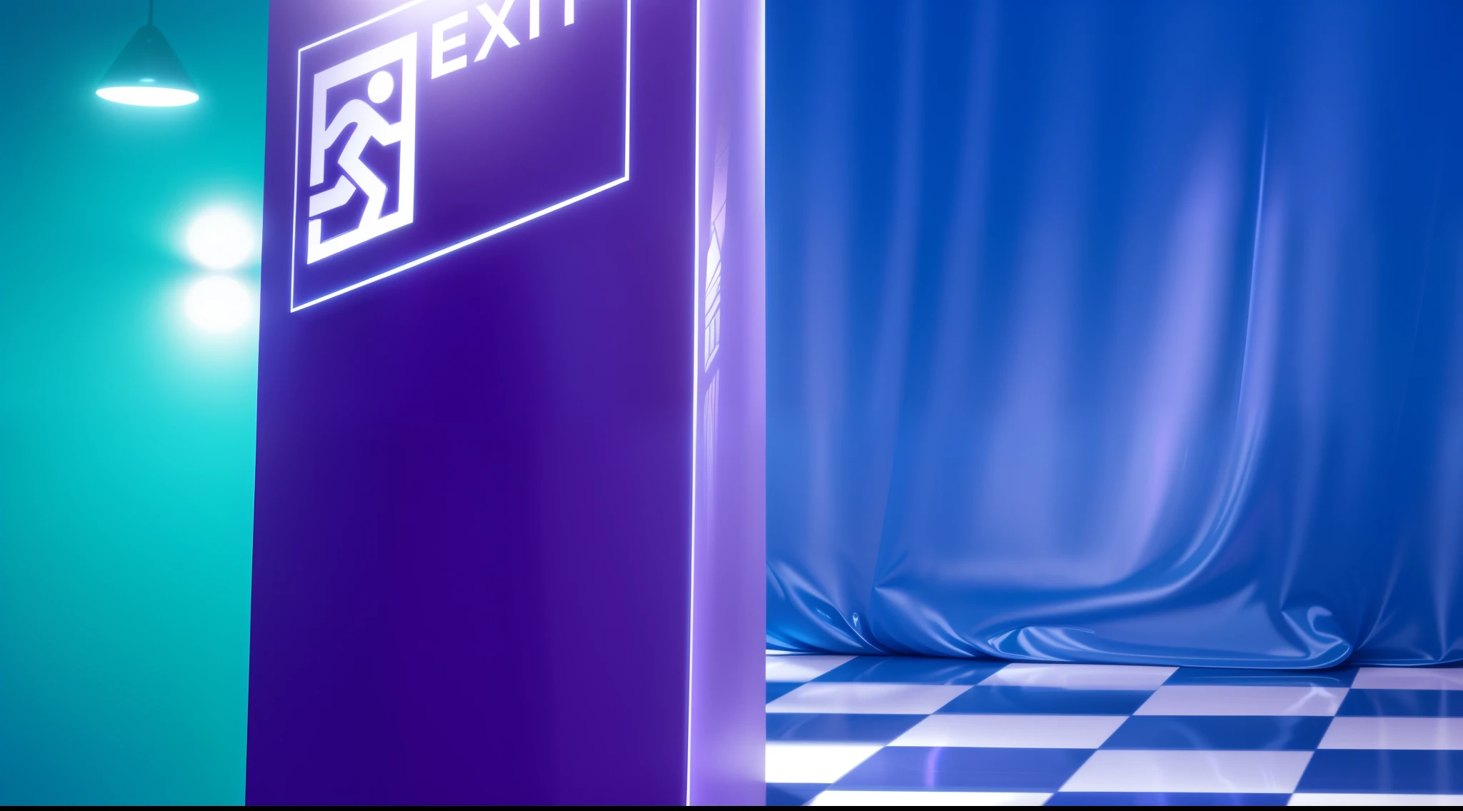 A blue exit sign is on a purple wall next to a blue curtain.. blue-violet color scheme glossy metalic floor, glossy texture, smooth 3d model, multiple light sources, rim light, sharp post effects render, (glossy metallic texture with multiple big light probe refractions), perfect cgi, cgi art created only with gradients, smooth silhouette, high intensity refraction, (super glossy chrome material), most beautiful vfx, blue background, chrome metal refractions