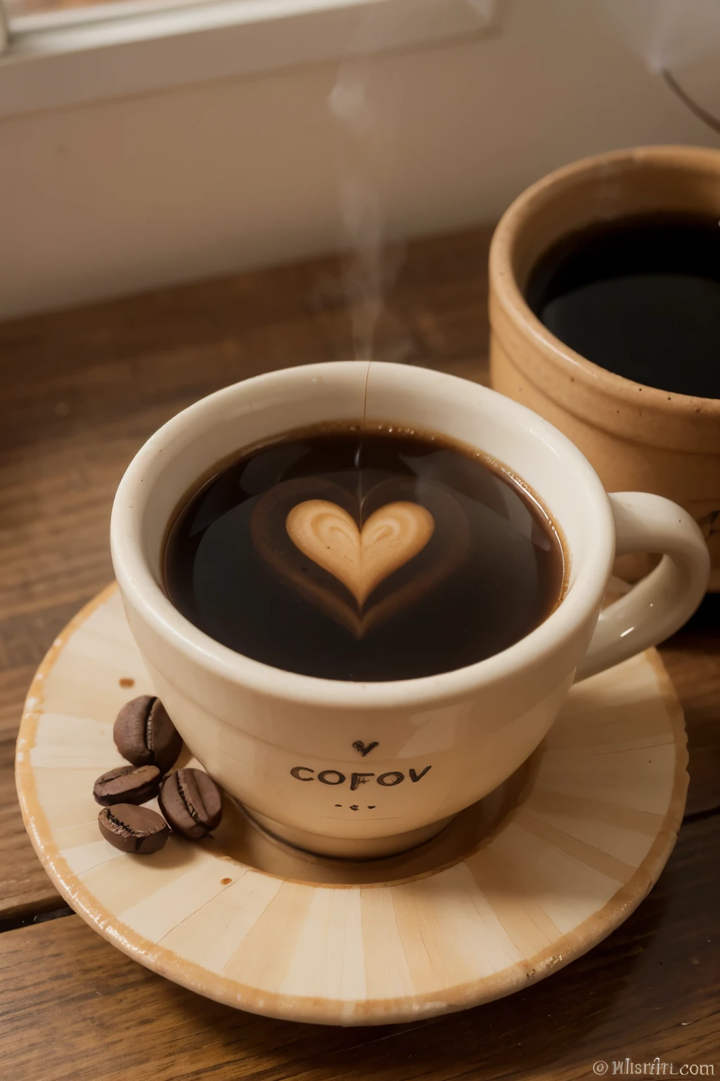 melhor qualidade, cartoon, cup with steaming black coffee, cup carved in orange clay, coffee foam forming a heart in the cup, cup on a wooden table in a Brazilian house, post it with beige paper next to the cup, "bom dia" escrito no post it com caligrafia manuscrita