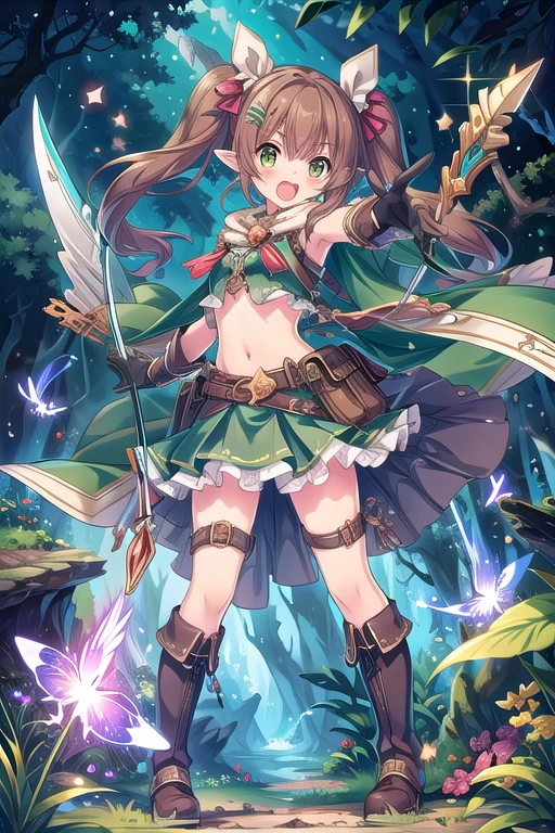 1girl, solo, pointy-ears, brown-hair, green-eyes, weapon, arrow-\(projectile\), bow-\(weapon\), gloves, boots, twintails, open-mouth, skirt, elbow-gloves, hair-ornament, navel, looking-at-viewer, cape, smile, elf, holding, ribbon, hair-ribbon, full-body holding-weapon quiver knee-boots belt low-twintails hairclip, green-skirt, holding-bow-\(weapon\), black-gloves, forest, midriff, thigh-strap, character-name hair-between-eyes, standing, black-footwear, pouch, long-hair, nature, red-ribbon