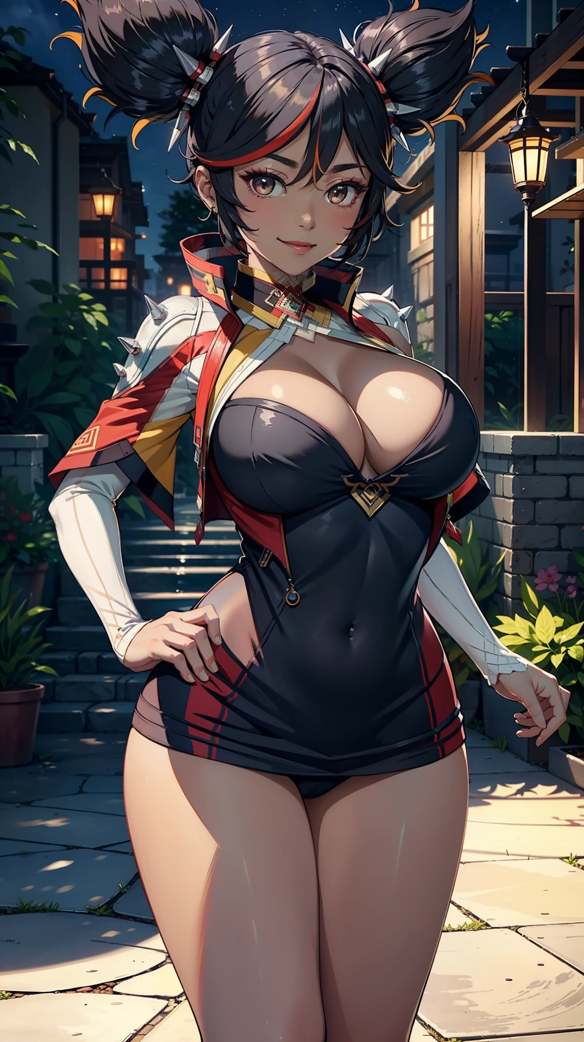 Masterpiece, high quality, 8k,detailed body, ultra detailed, detailed face, standing, blush, bright eye, outdoors, (detail face), xinyandef, (gigantic breasts),(night), half body, smile,