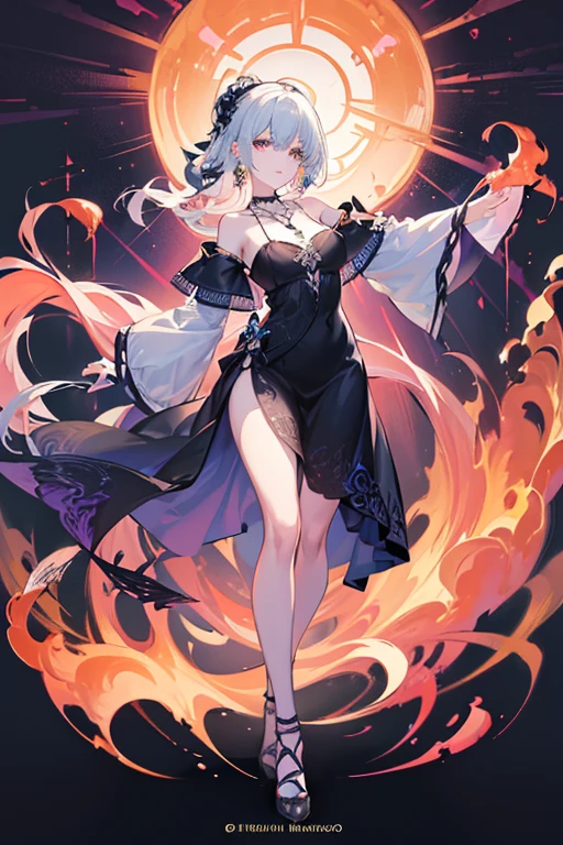 Dragon horns, big drangon tail, Fullbody, feet, standind, foot silver goddess in flame-red pleated skinny cloth with golden lines accents, long sleeves, fireball, satin, fur, (stockings), decollete, natural breasts, slim body, big weapons, ((rune lines on skin)), zettai ryouiki, medium length hair with golden red strands, beautiful detailed bright fire eyes, bunny ears, portrait, most realistic, highest quality, best quality, Detailed,Realistic, 4k highly detailed digital art, leotard, octane render, bioluminescent, (cool_color), best pixels, 8k ultra