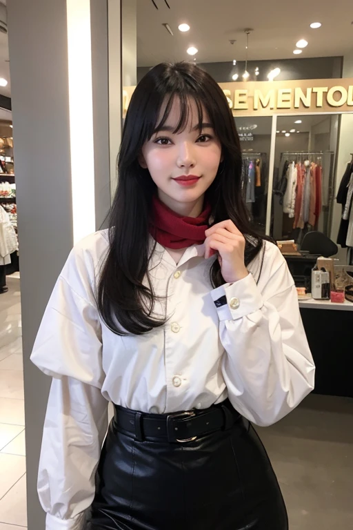 Bettie Page with her adorable smile in solo,, In front of the boutique, (Highest品質の質感), boutique storefront, Display a window full of interesting items, film quality, A woman dressed in high style fashion, She is wearing a black maxi leather trench and a red velvet scarf, (Highestレベルの赤いベルベットのテクスチャの詳細, Gorgeous), maxi long red velvet skirt, Black tight stiletto boots,black tight leather gloves,Shoulder bag,She is in front of a beautiful boutique ,soft accent candle light in the window, Gorgeous Rembrandt like lighting, (rembrandt patch), (Highest品質のウィンドウの詳細), Hip cool boutique in the background, long silky black hair, hair bangs in her eyes, every detail,detailed facial features, Masterpiece – Masterpiece ○○ quality – ○○ quality Highest quality(Highest品質) ,Leica Film, Highest, women only, high quality (high quality) etc ○○Detailed – ○○Detailed and super detailed(super fine ), realistic, very detailed(very detailed) , finely(fine-grained), (The most detailed skin texture peach fuzz earlobe realistic) etc ○○ resolution – ○○ resolution ultra high resolution(High resolution) , very high texture resolution(light resolution), Realistic – Realistic realistic – photorealistic beautiful – beautiful 4k , 8K, artistic storefront, close and intimate,