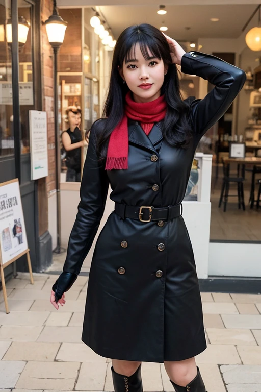 Bettie Page with her adorable smile in solo,, In front of the boutique, (Highest品質の質感), boutique storefront, Display a window full of interesting items, film quality,  A woman dressed in high style fashion, She is wearing a black maxi leather trench and a red velvet scarf, (Highestレベルの赤いベルベットのテクスチャの詳細, Gorgeous), maxi long red velvet skirt, Black tight stiletto boots,black tight leather gloves,Shoulder bag,She is in front of a beautiful boutique ,soft accent candle light in the window, Gorgeous Rembrandt like lighting, (rembrandt patch), (Highest品質のウィンドウの詳細), Hip cool boutique in the background, long silky black hair, hair bangs in her eyes, every detail,detailed facial features, Masterpiece – Masterpiece ○○ quality – ○○ quality Highest quality(Highest品質) ,Leica Film, Highest, women only, high quality (high quality)　etc ○○Detailed – ○○Detailed and super detailed(super fine ), realistic, very detailed(very detailed) , finely(fine-grained), (The most detailed skin texture peach fuzz earlobe realistic)　etc ○○ resolution – ○○ resolution ultra high resolution(High resolution) , very high texture resolution(light resolution), Realistic – Realistic realistic – photorealistic beautiful – beautiful 4k , 8K, artistic storefront, close and intimate,