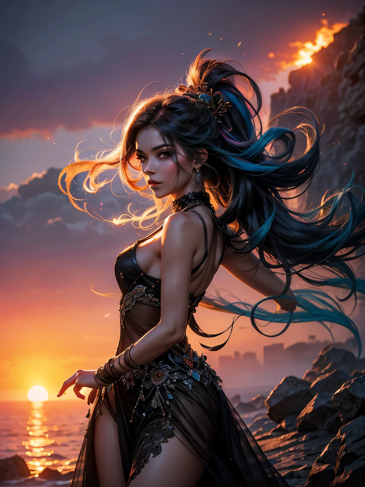 she is a gorgeous woman-like being created out smoke ((she is coming out of a sunset mist), smoke dances around the character, by Vladimir Matyukhin, RAW, intricate, vibrant colors,(((facing viewer)))