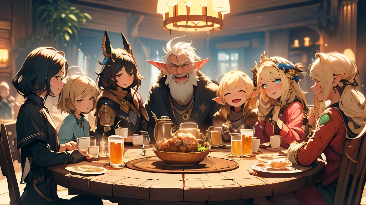 masterpiece, highest quality, otherworldly , ((Five people of five different races sitting around a round table)), they are happy and smiling, beer on the table, (((Five people toasting with beer mugs)))+++, ((Five people holding beer))++, break 5 people are mixed gender, Blonde Elf, Short muscular midget, cowboy, dark haired cat girl and old wizard BREAK fantasy, otherworldly fantasy, deep fantasy, Everyone smiles , happy atmosphere, break, detailed, realistic, 4k highly detaileded digital art, octane rendering, bioluminescence, break 8K resolution concept art, realism, Study map, official art, figure, clear line, (nice_color), perfect composition, disorganized, fantasy, concentrated, Rule of thirds