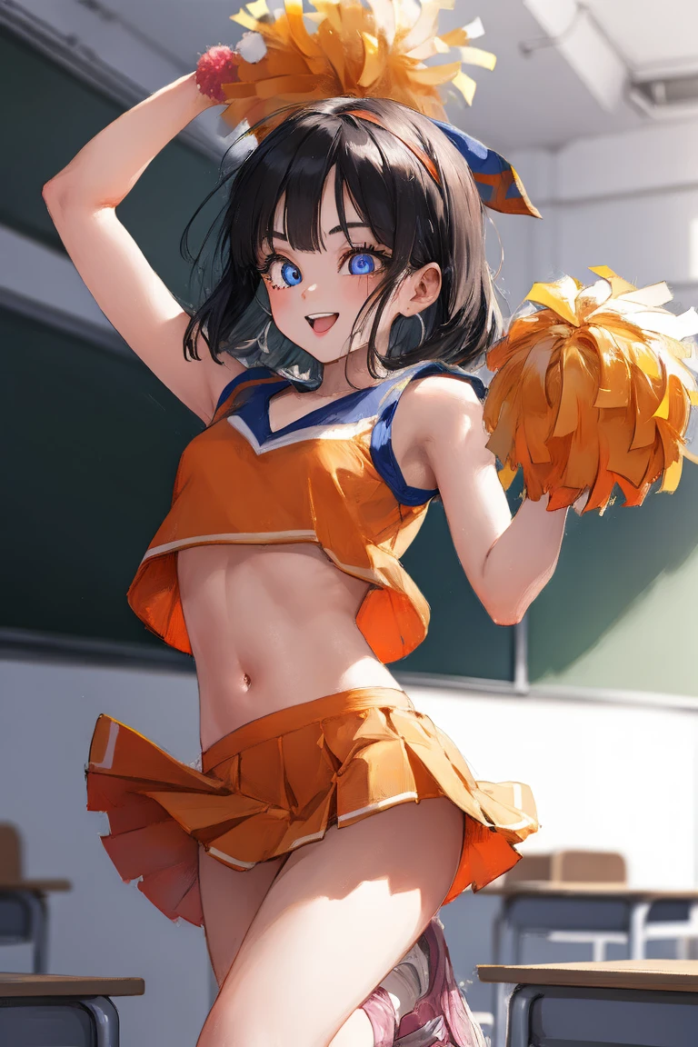 1girl, Pan in dragon ball, orange head band (black hair,short hair,
BREAK  (cheerleader, crop top, holding pom poms, midriff, navel, orange skirt, pink footwear, pom pom (cheerleading):1,2)
BREAK Female pervert，（looki at viewer），cowboy lens，smile,
BREAK indoors, classroom,
BREAK (masterpiece:1.2), best quality, high resolution, unity 8k wallpaper, (illustration:0.8), (beautiful detailed eyes:1.6), extremely detailed face, perfect lighting, extremely detailed CG, (perfect hands, perfect anatomy),