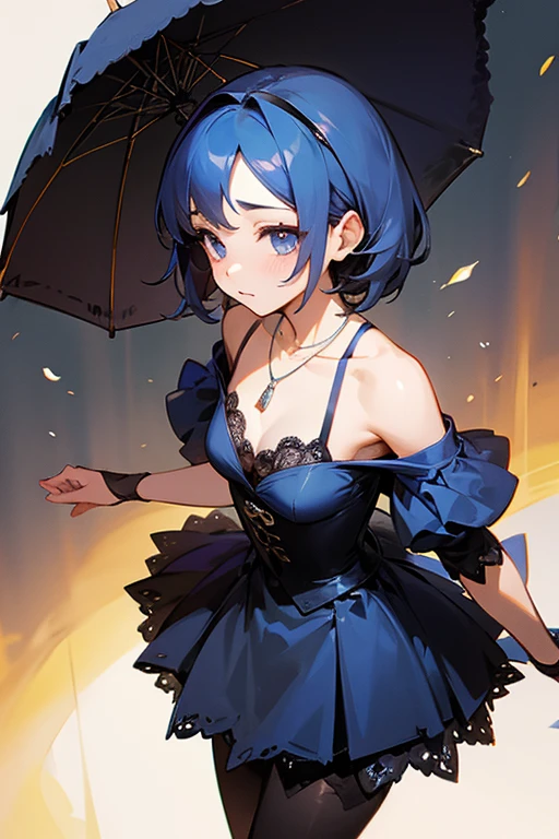最高masterpiece、masterpiece、highest quality、Blue lace top、black tight skirt、elegant、sexy、necklace、black stockings、beautiful woman、cute、upward glance、small breasts、sharp、