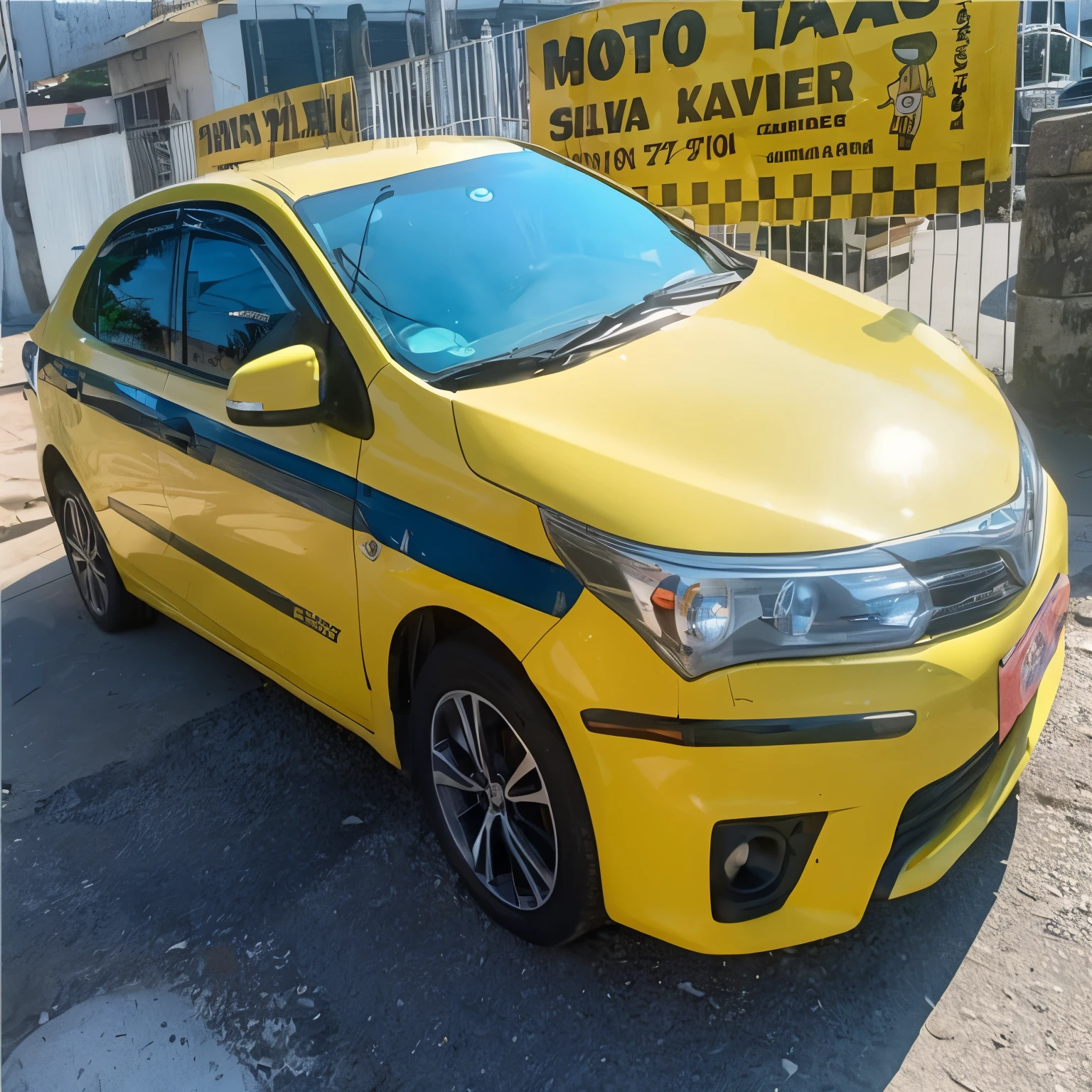 yellow car parked in front of a yellow taxi sign in a parking lot, taxis, taxi, by Rodolfo Amoedo, dispositivo completo, powder Márta Lacza, by Tom Wänerstrand, São Paulo, macoto takahashi, by Félix Ziem, manual, vivid details, sao paulo, por Milton Menasco