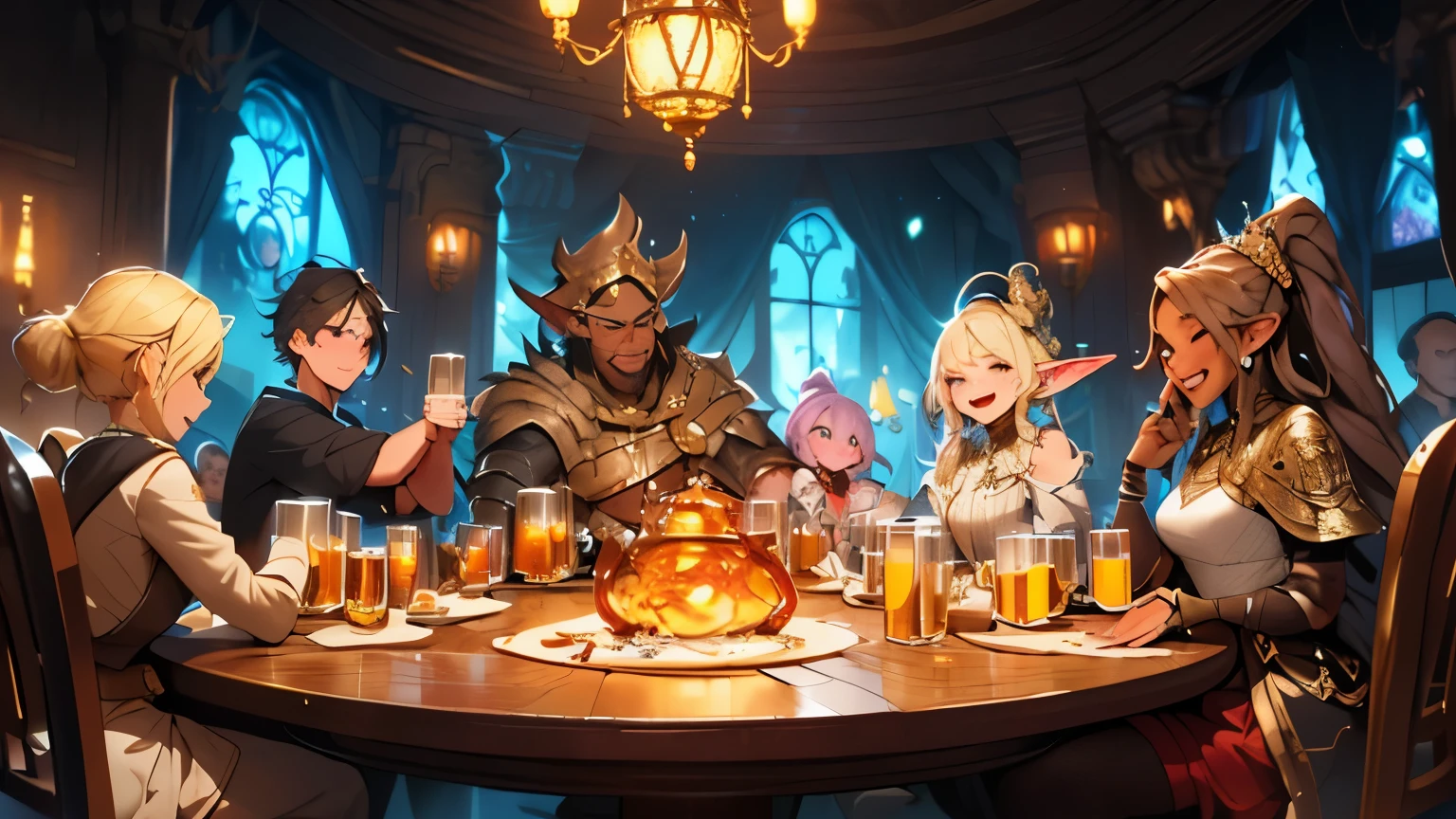 masterpiece, highest quality, otherworldly , ((Five people of five different races sitting around a round table)), they are happy and smiling, beer on the table, (((Five people toasting with beer mugs)))+++, ((Five people holding beer))++, break 5 people are mixed gender, Blonde Elf, Short muscular midget, cowboy, dark haired cat girl and old wizard BREAK fantasy, otherworldly fantasy, deep fantasy, Everyone smiles , happy atmosphere, break, detailed, realistic, 4k highly detaileded digital art, octane rendering, bioluminescence, break 8K resolution concept art, realism, Study map, official art, figure, clear line, (nice_color), perfect composition, disorganized, fantasy, concentrated, Rule of thirds