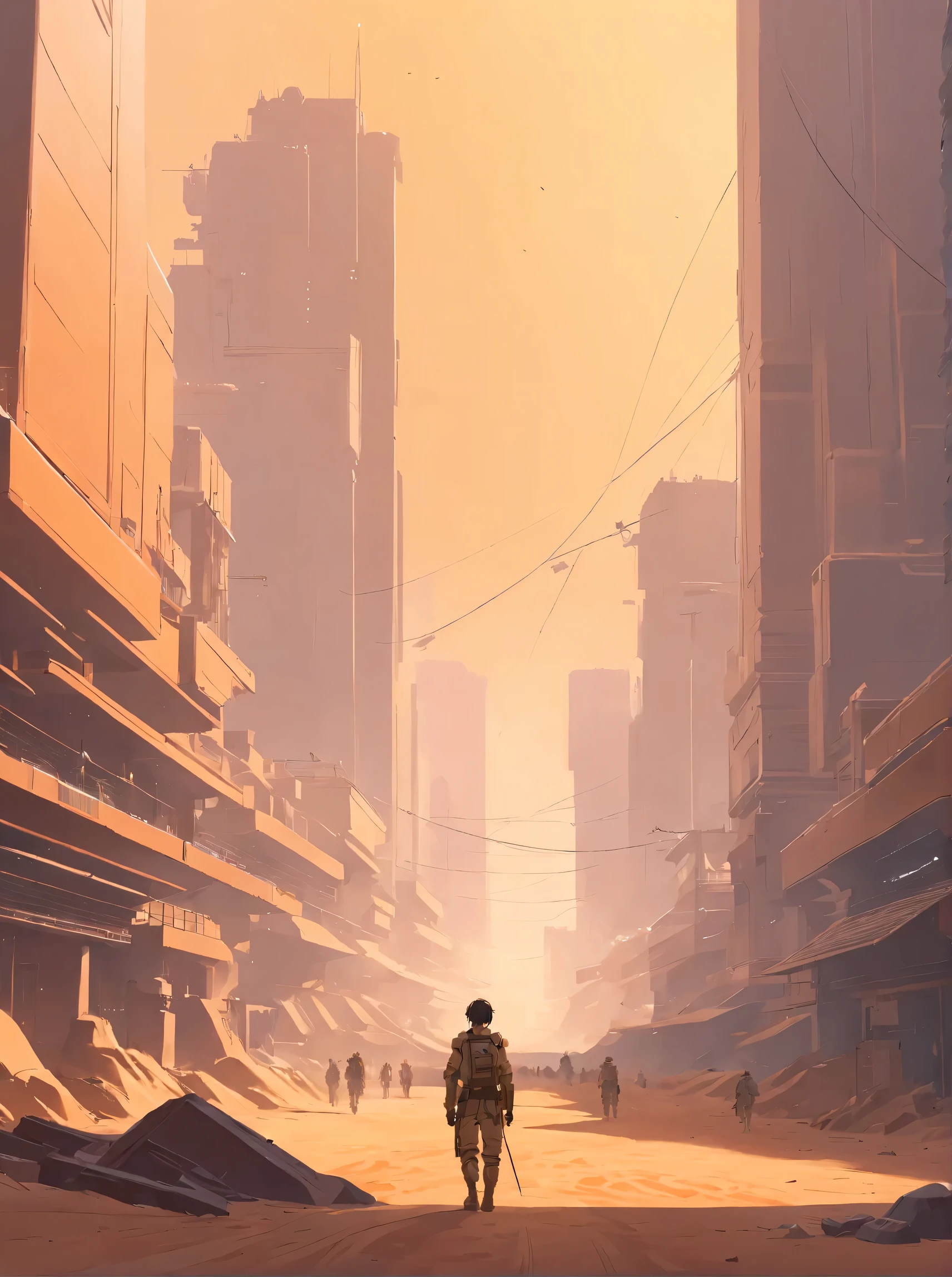 Dune concept art,Clean and neat tones,Sci-fi base scene,Huge scene,Square-shaped complex,Soviet aesthetic architecture,huge buildings,There are many ships in the air,Size contrast,crowd of,Soldiers versus soldiers,Big scenes of war,smog,epic concept art,Fine 8K,vray,Wasteland Science Fiction