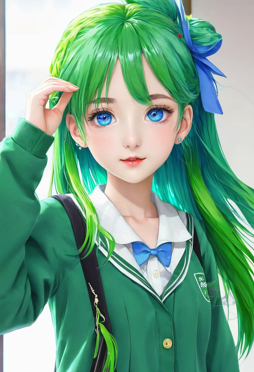  School clothes anime girl with blue eyes and green hair 