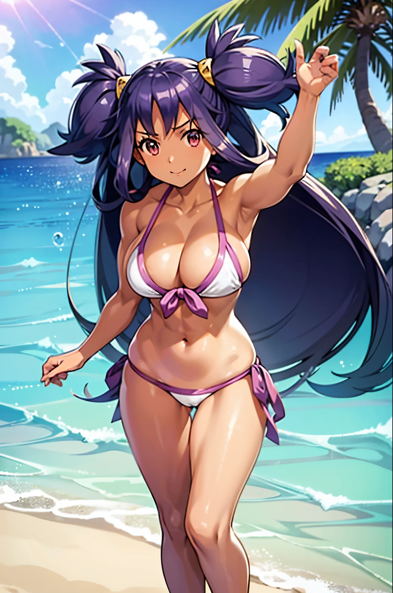 Close-up of girl in bikini on the beach, long purple hair girl, brown eyed girl, two side up, brown skin, solo, seductive anime girl, realistic bikini, anime best girl, sexy girl, bikini top with an purple, bikini bottom with an purple, big breasts, girl with very big breasts, tits, cleavage, clothing:bikini swimwear, detailed digital anime art, clean detailed anime art, whole body, highly detailed art germ, in a triangle bikini, Muscular girl, strong muscles, muscular and strong, toned body, sexy atmosphere, (anime girl), pretty anime girl, a girl is standing, anime girl, female focus,