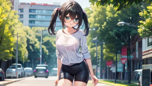 masterpiece,highest quality,wonderful,finely,High resolution,1 girl, big breasts,(bike shorts:1.3), black hair, glasses, green eyes,twin tails,full body