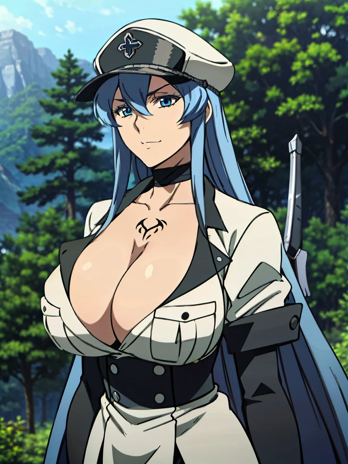 very tempting pose, hat, cleavage, weapon, choker, sword, uniform, military, military_uniform, peaked_cap, chest_tattoo, forest background, esdeath, anime cels style, best quality, high resolution, 1girl, (huge breasts:1.2), blue hair, long hair, blue eye, blue eyebrow, beautiful face, cowboy shot