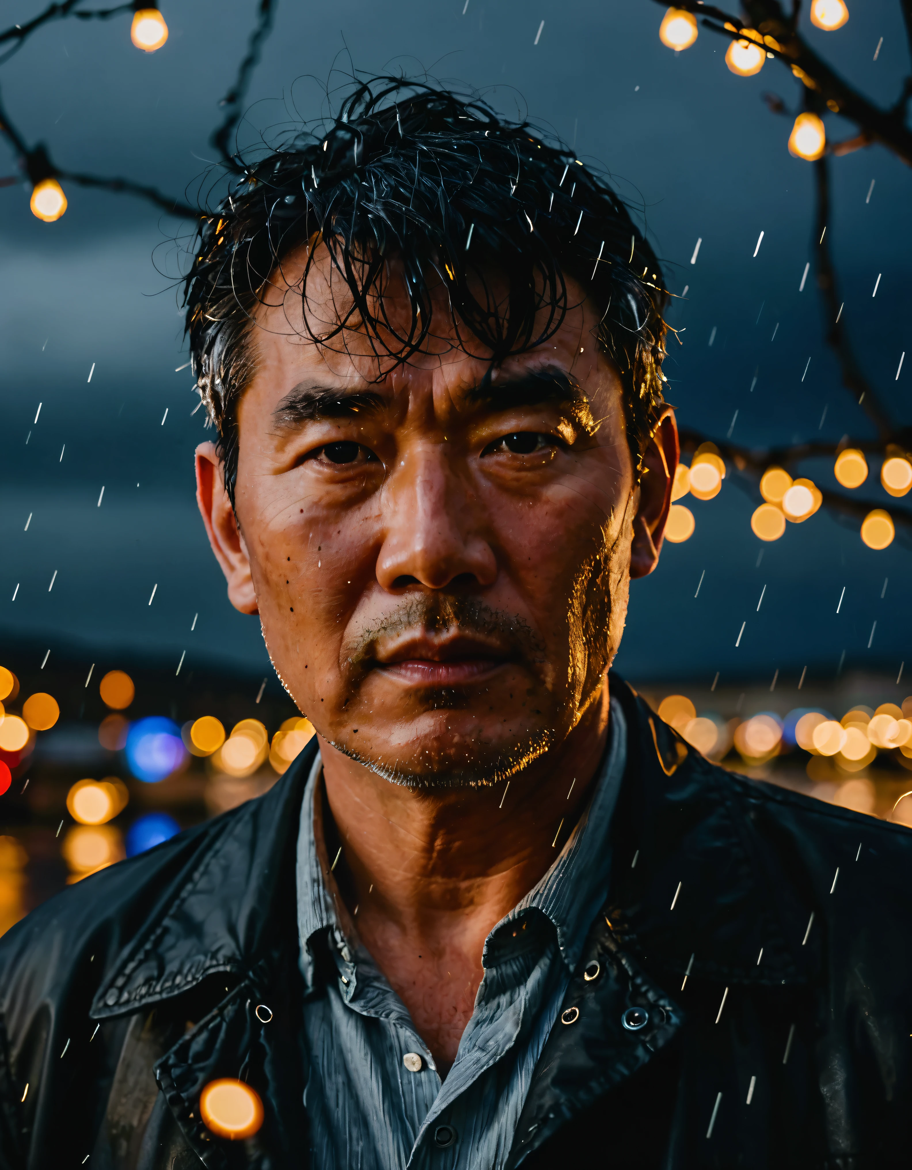 fairy lights, Close-up portrait of a man on his 55, corean, tense expression, stormy weather backdrop, dramatic lighting, reminiscent of Ansel Adams' work