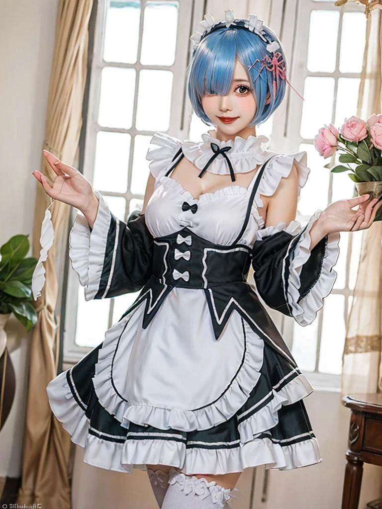 (8K, Photorealistic, Raw photo, of the highest quality: 1.3), (1girl in), Super beautiful, (Realistic face), (boyish, pink Color Berry Shorthair), Beautiful , Glare that captivates the viewer, Beautiful expression, Beautiful breasts, (Realistic skin), Be...Create a detailed and colorful image of Ram and Rem from Re:Zero, standing back-to-back in their maid outfits, with a magical fantasy background、14years old, two girls,sisters,cute, perfect face, beautiful,gothic lolita clothes, gothic lolita fashion, frilly skirt, headdress, necklace, bracelet, knee-high socks, boots, double eyelids, tear bags, Detailed down to the fingers, photo-like description, indoors, dim indoor lighting, one girl is pink hair and short bob, another girl is light blue hair and short bob,standing, whole body, composition that shows the whole body, smiling,The Both of them are wearing the same type of maid outfit,Put her hands behind her back