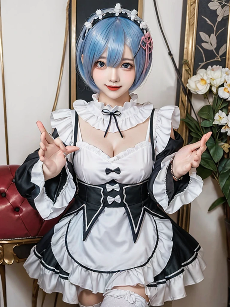 (8K, Photorealistic, Raw photo, of the highest quality: 1.3), (1girl in), Super beautiful, (Realistic face), (boyish, pink Color Berry Shorthair), Beautiful , Glare that captivates the viewer, Beautiful expression, Beautiful breasts, (Realistic skin), Be...Create a detailed and colorful image of Ram and Rem from Re:Zero, standing back-to-back in their maid outfits, with a magical fantasy background、14years old, two girls,sisters,cute, perfect face, beautiful,gothic lolita clothes, gothic lolita fashion, frilly skirt, headdress, necklace, bracelet, knee-high socks, boots, double eyelids, tear bags, Detailed down to the fingers, photo-like description, indoors, dim indoor lighting, one girl is pink hair and short bob, another girl is light blue hair and short bob,standing, whole body, composition that shows the whole body, smiling,The Both of them are wearing the same type of maid outfit,Put her hands behind her back