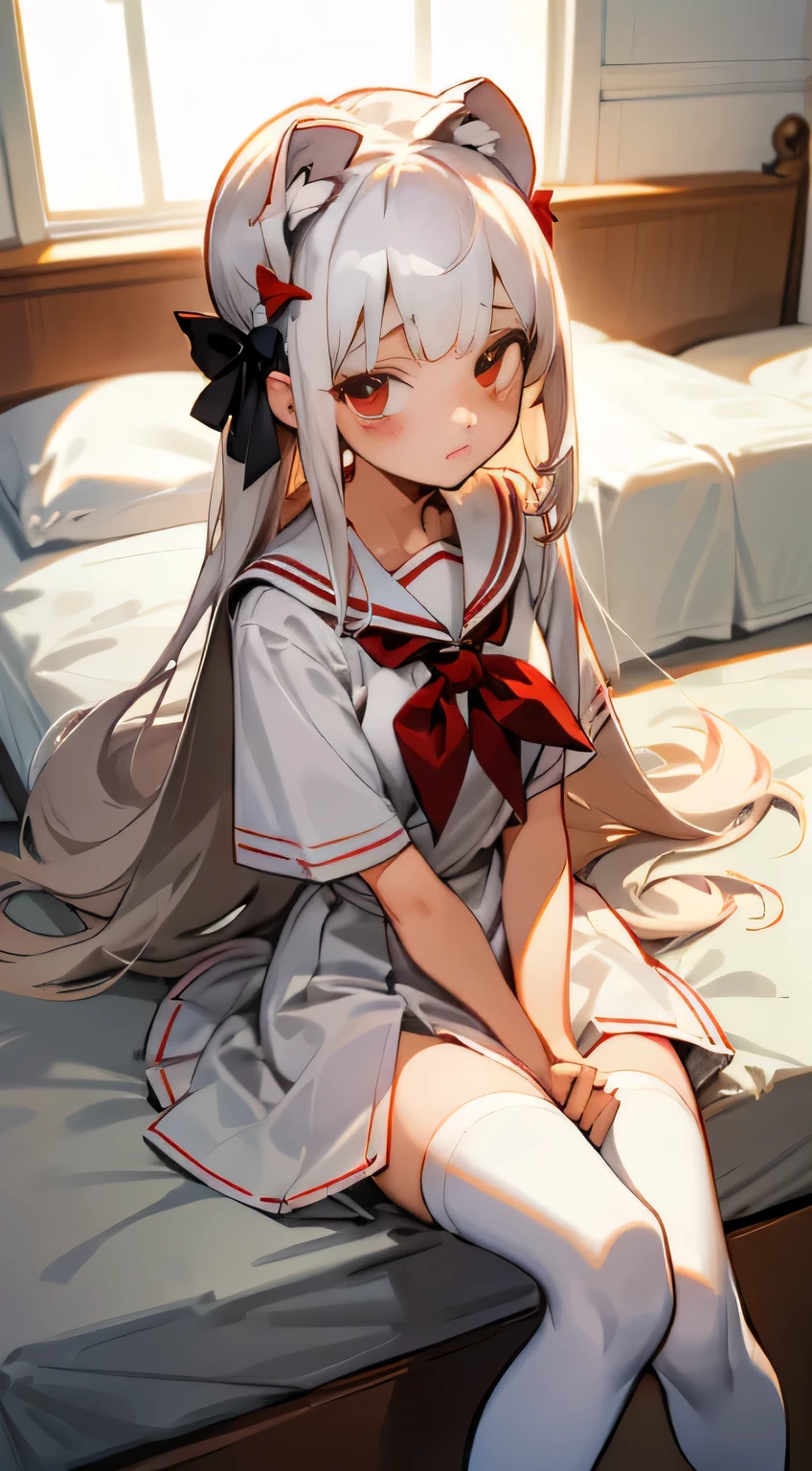 (((tmasterpiece))), best qualtiy, illustratio, comic strip((Young teenage girl)), Long light white hair, Beautiful detailed red eyes, ((White sailor suit)), short- sleeved, ((adolable))), ((cute face)), full bodyesbian, Beds, cheerfulness, little breast,White stockings,shyexpression,(head gear:Bow knot)